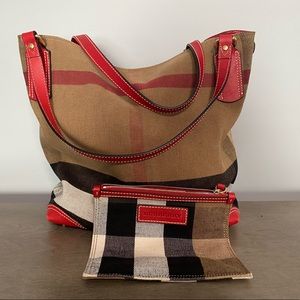 Burberry mega check purse / tote red handles